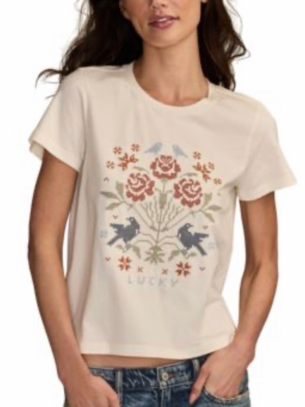 Lucky Brand Cream Short Sleeve Tee with Floral & Bird Print